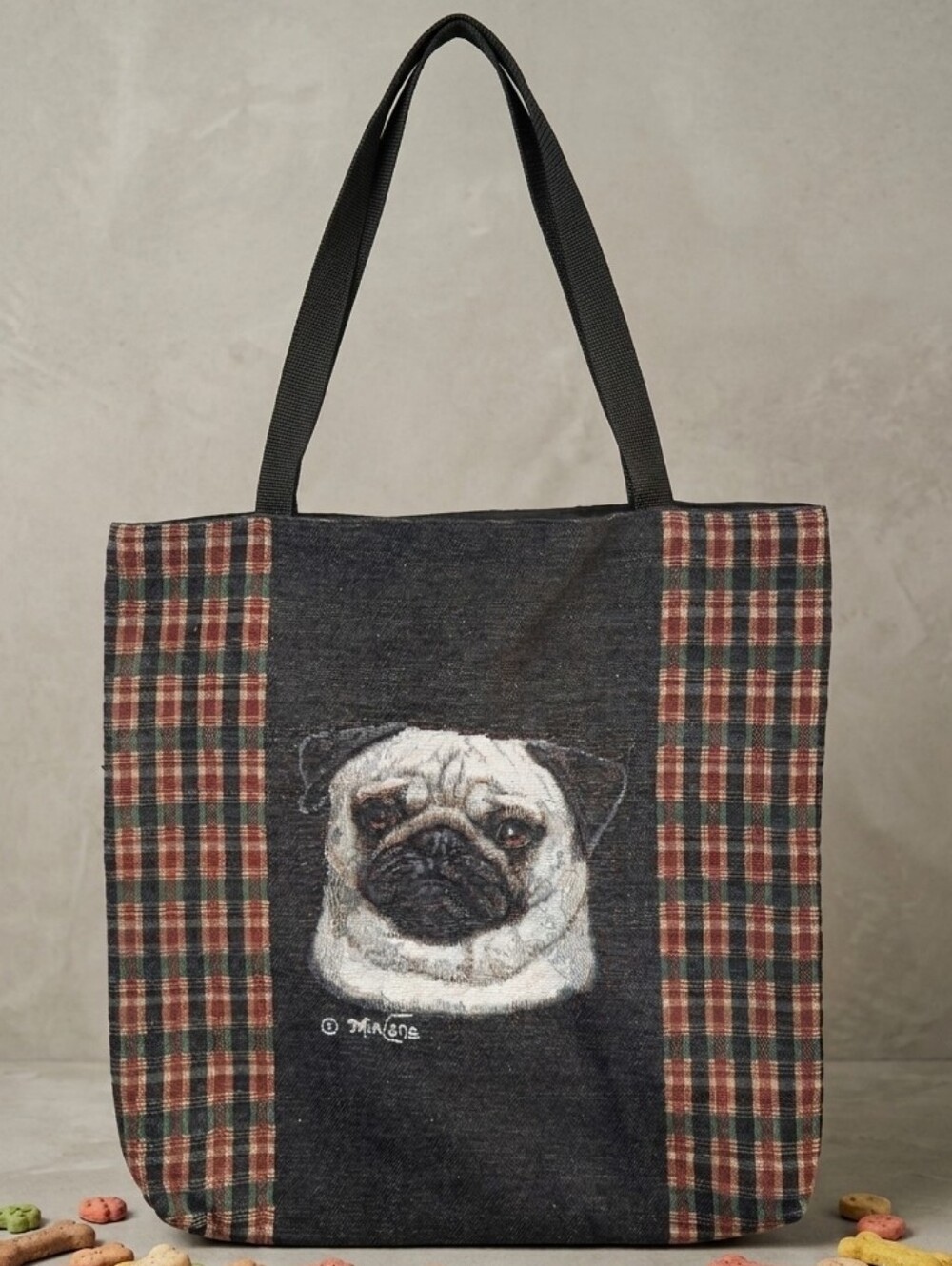 Pug Face Tote Bag in Black with Plaid Panels